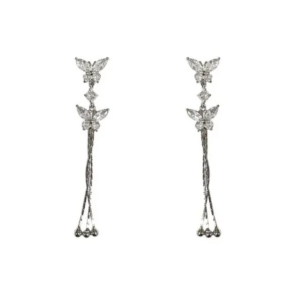 Sweet Diamond Butterfly Long Chain Tassel Earrings - Picture 6 of 6